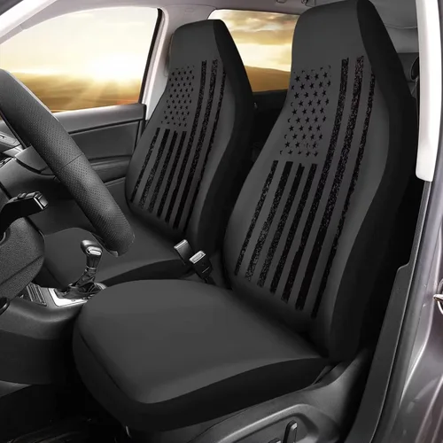 Howilath Juego de 2 fundas de asiento de coche con patrón de bandera estadounidense negra, fundas universales para asientos delanteros, accesorios