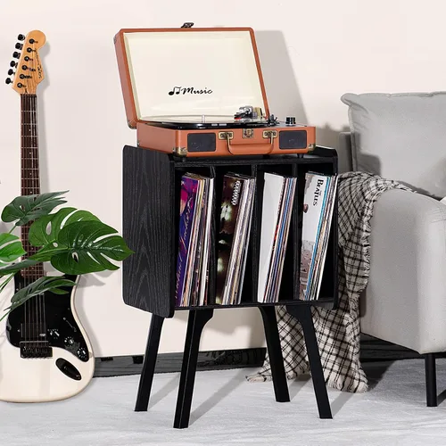 Miniatura 2 de LELELINKY - Soporte pequeño para tocadiscos de 11.7 pulgadas de ancho, mesa de almacenamiento para discos de vinilo color negro con 4 gabinetes