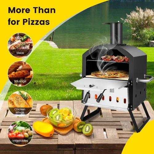 Miniatura 8 de Giantex Horno de Pizza al Aire Libre de Leña, Fabricante de Pizza de 2 Capas con Piedra para Pizza de 12 Pulgadas, Pala para Pizza, Rejilla