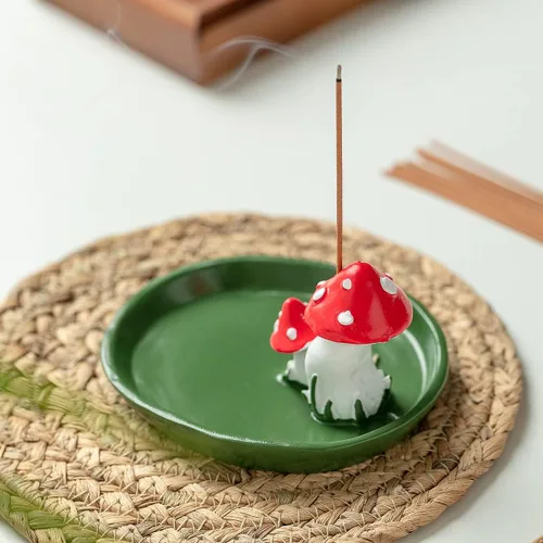 Miniatura 3 de Lindo soporte de incienso de hongos con 30 varillas de incienso, quemador de resina hecho a mano, bandeja de incienso con temática natural, Verde