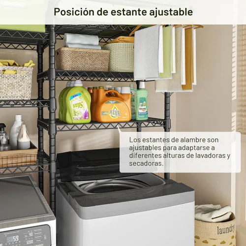 Miniatura 5 de Ulif U13 - Estantes de almacenamiento medianos para lavadora y secadora, estante de pie de 6 niveles con 2 barras para colgar, estante de secado