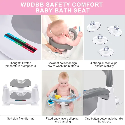 Miniatura 7 de Asiento de baño para bebés de 6 meses en adelante, silla de baño para niños pequeños estable en 360° con botón de un toque, diseño hueco trasero