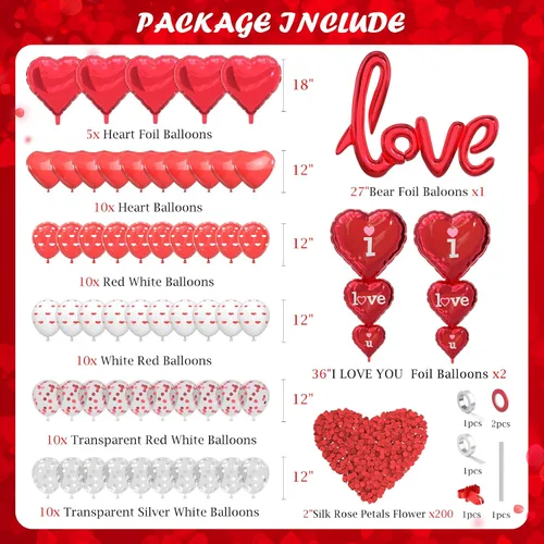 Miniatura 2 de Kit de globos para el día de San Valentín, globos con texto en inglés "I Love You", globos de corazón blanco y rojo, pétalos de rosa para el día