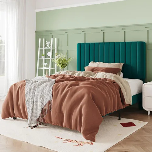 Miniatura 28 de Allewie - Base de cama tamaño King con cabecera acolchada tapizada en terciopelo y diseño acanalado vertical ajustable; plataforma de cama con base