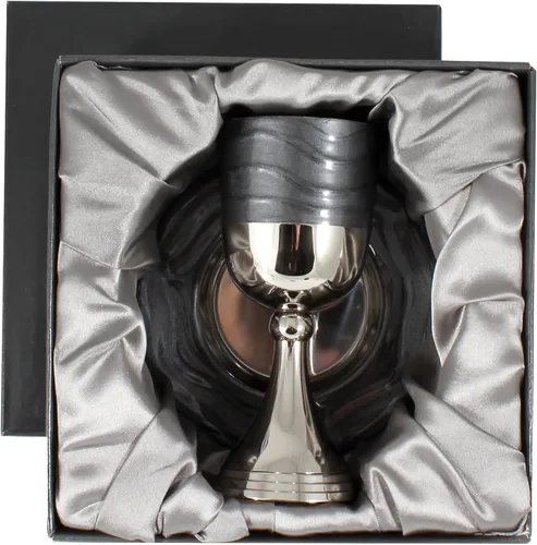 Miniatura 2 de Lujoso juego de copas de Kidush en caja de regalo - Níquel pulido y esmaltado (gris oscuro) Elegante copa de vino de 5.75" pulgadas y bandeja a