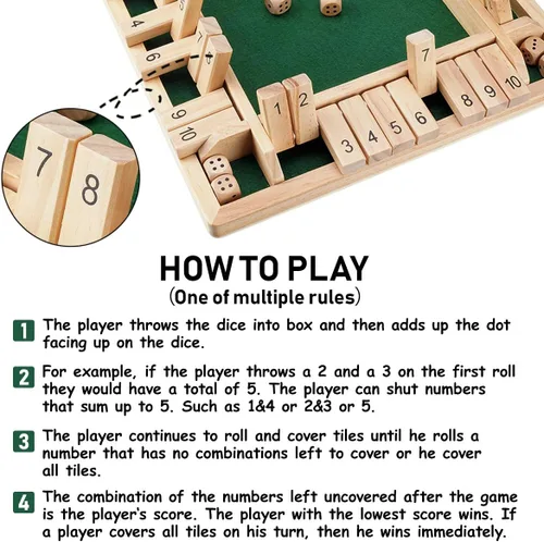 Miniatura 7 de Ropoda Juego de madera para cerrar la caja (2-4 jugadores), tablero grande de 4 lados, 8 dados, reglas, divertido juego de adición para niños