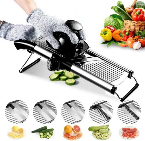 Cortador de mandolina de alimentos, cortador de mandolina ajustable para cocina, picador de verduras de mandolina de acero inoxidable para Plateado