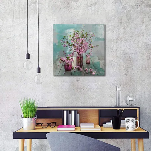 Miniatura 4 de Acocifi Lienzo de flores rosas para pared, cuadro abstracto, verde azulado, turquesa, acuarela, melocotón, pintura, enmarcado, para baño, sala