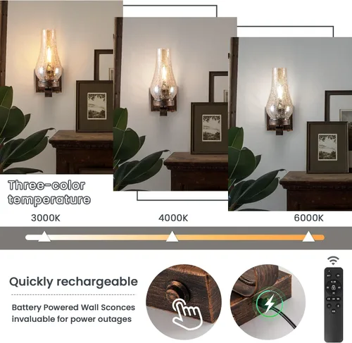 Miniatura 3 de Vintage Farmhouse Wall Sconces, Battery Operated Wall Lamps, Rechargeable Wall Lights, Ice Crackle Glass Rustic Non-Hardwired Antique Kerosene Wall