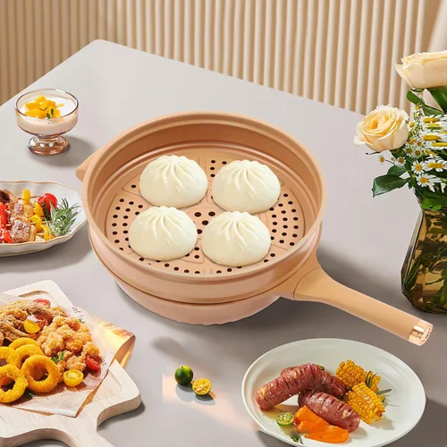 Miniatura 3 de Sartén antiadherente de 12.6 pulgadas de profundidad con tapa de vidrio, rejilla al vapor, olla de micro presión apta para lavavajillas, funciona