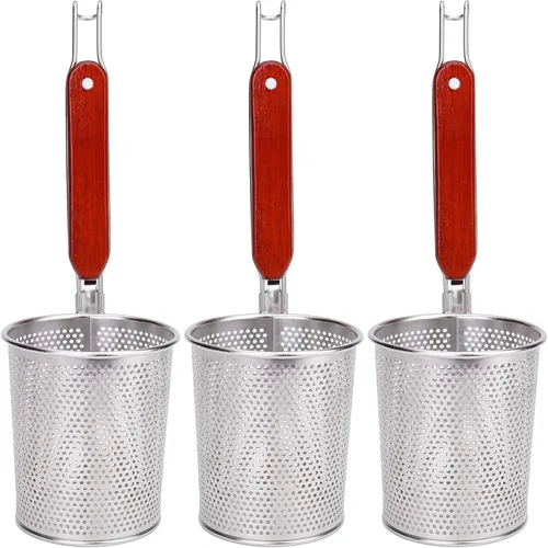 Lawei Paquete de 3 coladores de cesta de pasta, colador de malla de acero inoxidable con mango de madera para cocinar, hervir, cocina, tamiz fino