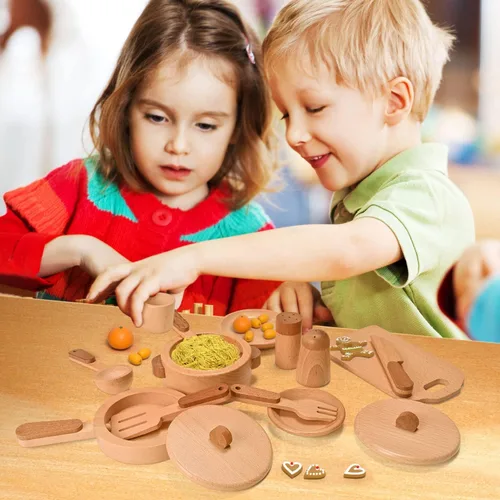 Miniatura 5 de Juego de accesorios de cocina, juguetes de madera Montessori, juego de cocina para niños, platos, platos, ollas, sartenes, juego de cocina, 15