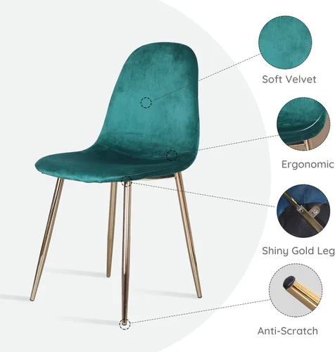 Miniatura 4 de Juego de 4 sillas de comedor de terciopelo, modernas sillas de cocina verde esmeralda con patas cromadas doradas, cómodas y elegantes sillas