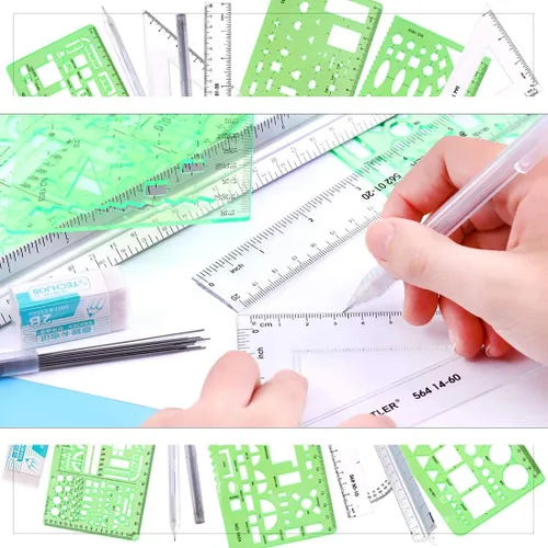 Miniatura 6 de Glarks 16 plantillas de medición, plantillas de encofrado de construcción, reglas de dibujo geométricas y regla triangular de escala de arquitecto