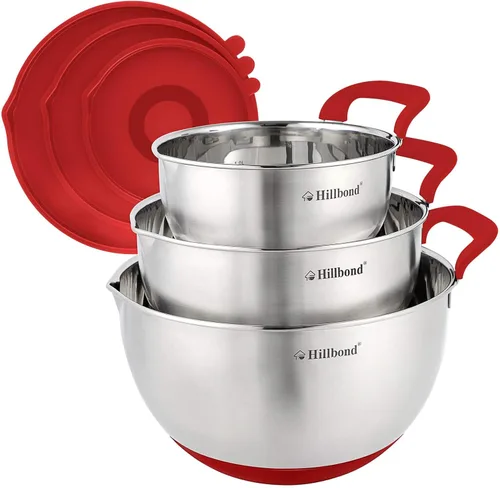 Hillbond Tazones para mezclar con tapas herméticas sin BPA, tazones anidables con pico vertedor, mango de silicona y fondos antideslizantes para Rojo