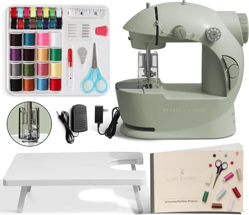 Hearth & Harbor Minimáquina de coser para principiantes, máquina de coser portátil de doble velocidad pequeña para niños y adultos con mesa de