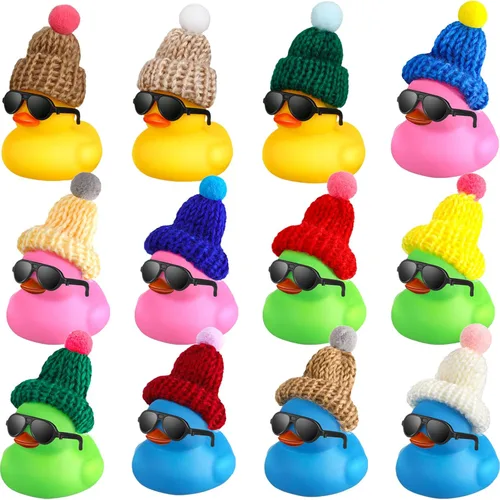 Chivao 12 piezas de mini patos de goma con gafas de sol/lentes y sombreros/collar, patos de goma de crucero a granel, regalo del día de San