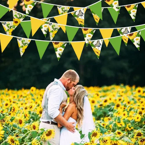 Miniatura 4 de Banderín amarillo y verde de 32 pies con banderines de tela de girasol, mariposa, triangular, guirnalda para decoración de fiesta de primavera