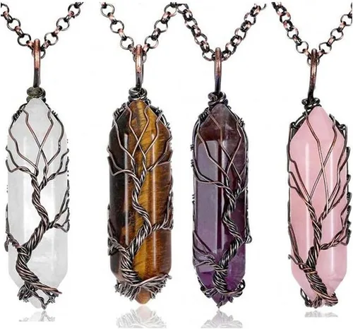 Miniatura 2 de Collar con colgante de alambre de piedra de cristal curativo punta hexagonal árbol de la vida joyería de reiki para mujeres y niñas PH18B ópalo