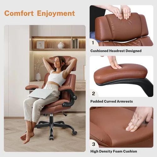 Miniatura 4 de Silla de oficina con brazos abatibles, silla de oficina ejecutiva de cuero ergonómica con soporte lumbar, reposacabezas ajustable, silla