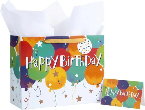 Loveinside Colorida bolsa de regalo de cumpleaños, patrón de globos con texto de feliz cumpleaños, papel de seda a juego, tarjeta de felicitación y