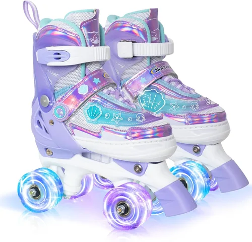 Miniatura 7 de MammyGol Patines de Ruedas para Niñas Niños, 4 Tamaños Ajustables Patines Cuádruples para Niños Pequeños Interiores Exteriores Edades 3-8, Rosa Azul