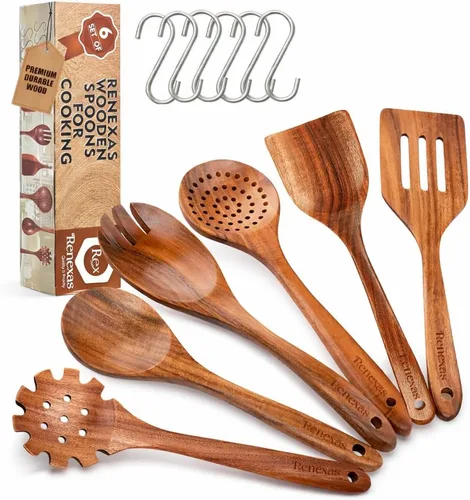 Juego de utensilios de cocina de madera de teca de 6 piezas, cucharas y espátulas antiadherentes, resistentes al calor, madera natural duradera,