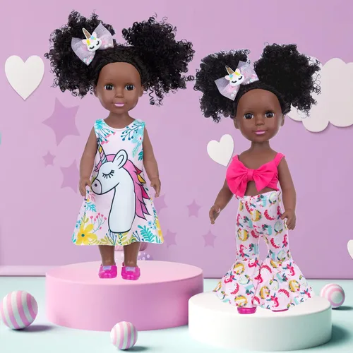Miniatura 5 de ZQDOLL Muñeca negra y muñeca negra de 14.5 pulgadas de silicona afroamericana con 2 juegos de ropa y equipo de viaje, cámara, mochila, lentes, etc.