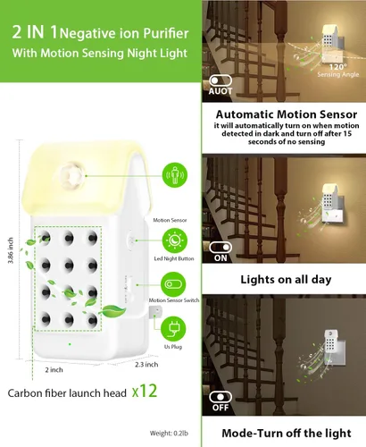 Miniatura 2 de ySky Purificador de aire enchufable para el hogar (paquete de 3), purificadores de aire de iones negativos con sensor de movimiento, mini