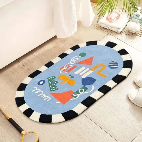 Miniatura 4 de Alfombra de baño ovalada de 16 x 24 pulgadas, tapete absorbente lavable de dibujos animados para niños, tapete suave de cachemira sintética a rayas