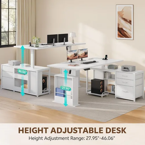 Miniatura 3 de Escritorio eléctrico en forma de L de 47 pulgadas con 3 cajones, mesa de computadora de almacenamiento, altura ajustable con tomas de corriente, 4
