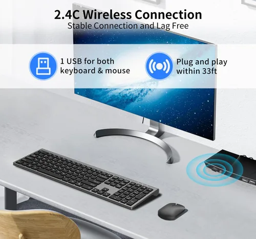 Miniatura 2 de Teclado y mouse inalámbricos, teclado de computadora plano delgado de tamaño completo y mouse óptico silencioso de 2400 DPI con dongle de 2.4 GHz