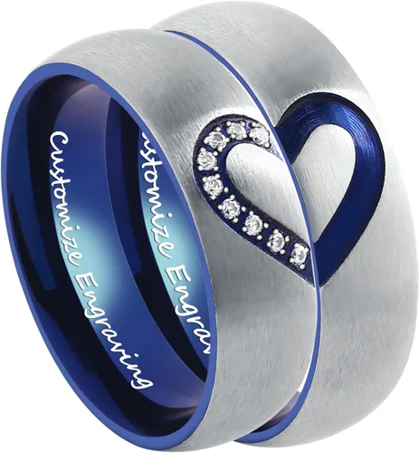 Anillos de promesa para parejas, para él y para ella, juego de anillos de boda con texto en inglés "I Love You" grabado a juego con corazón azul,