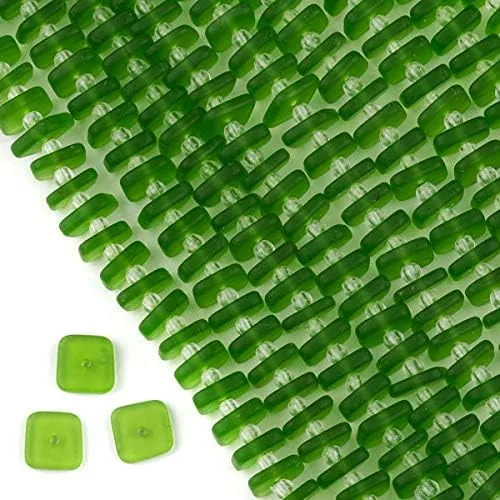 Cherry Blossom Beads Granos de cristal de mar cultivados verde oscuro 0.354x0.118 in espaciadores de botón cuadrado - 8 pulgadas Strand