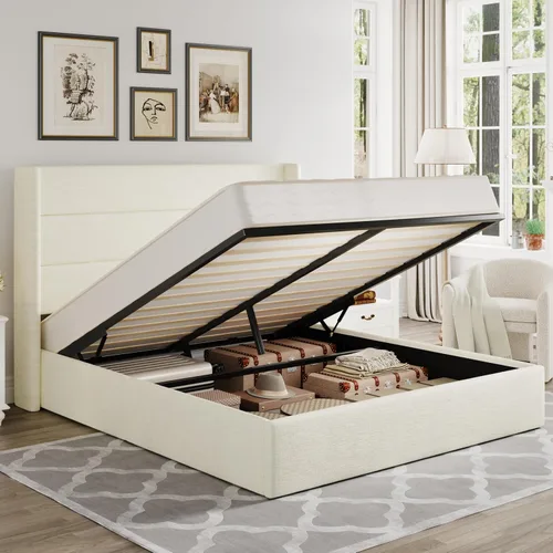 Miniatura 10 de Allewie Cama de Almacenamiento Elevable Tamaño Completo, Cabecero Capitonado con Botones con Respaldo de Ala, Soporte Hidráulico, No Necesita Gris