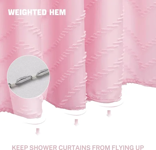 Miniatura 3 de Siiluminisoy Cortina de ducha extralarga hecha de tela tejida, de estilo bohemio, de rayas chevrón y capitoné, color rosa, de 72x78 pulgadas