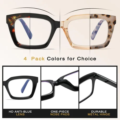 Miniatura 3 de Lentes de lectura de gran tamaño para mujer, paquete de 4 unidades, estilo Oprah, cuadrados, con bloqueo de luz azul, lectores de computadora