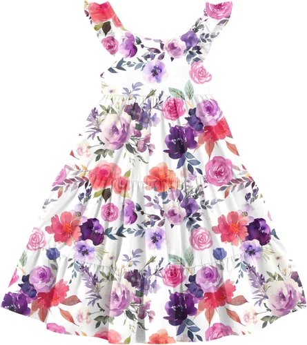 Miniatura 22 de Vieille Vestido de verano para niñas pequeñas, con volantes, sin mangas, casual, vestido de playa, escalonado, vestido de princesa para 2-8 años