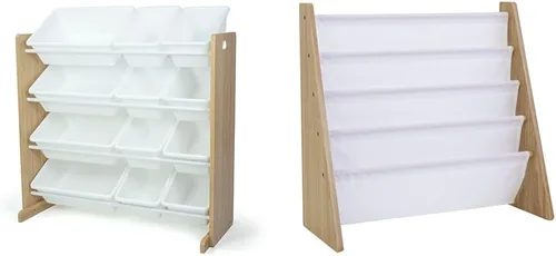 Humble Crew, Organizador de juguetes para niños de madera natural/blanco con 12 contenedores de almacenamiento y 4 niveles, estante de libros para