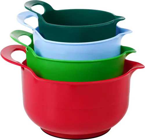 BoxedHome Juego de 4 Tazones de Mezcla Anidables de Navidad con Pico Vertedor y Asa, Libres de BPA Seguros para Microondas y Lavavajillas (colores