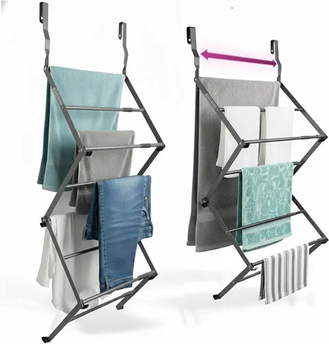 BLACK+DECKER Estante de secado telescópico extensible sobre la puerta, organizador de ropa, colgador de toallas, lavandería, plegable, gris
