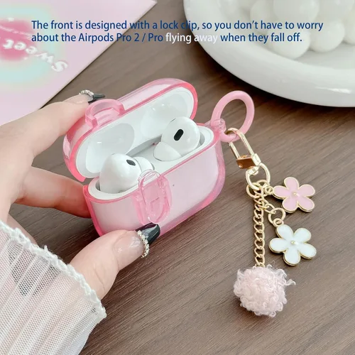 Miniatura 4 de Bonita funda Magsafe para Airpods Pro 2, clip de bloqueo para niñas y mujeres, con dijes de flores y kit de limpieza, TPU suave, Airpods iPod Pro