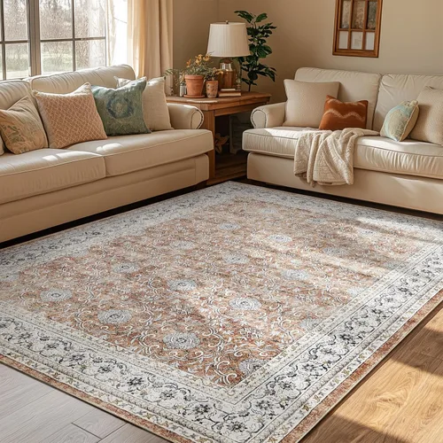 Miniatura 202 de Jinchan Fiora - Alfombra redonda de 8 pies, alfombras vintage con diseño floral envejecido, lavable a máquina, antideslizante, de pelo bajo, Azul