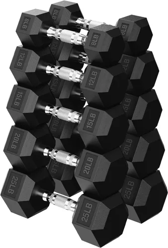Miniatura 13 de HANDBODE Juego de mancuernas hexagonales de 45 a 640 libras, mancuernas de ejercicio y fitness con revestimiento de goma para gimnasio en casa