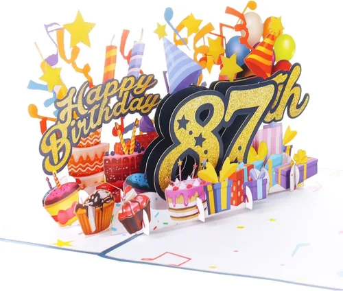 Miniatura 4 de iGifts And Cards Tarjeta desplegable 3D de feliz cumpleaños 87 – Diseño azul con números de purpurina, globos, pasteles y regalos – Tarjeta
