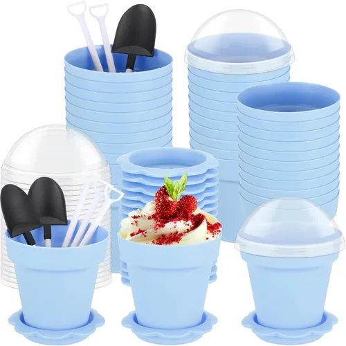 Miniatura 8 de Honeydak Paquete de 50 tazas de plástico para tartas de postre con tapa, pala, cuchara, bandeja inferior, tazas de postre, helado, yogur, Blanco