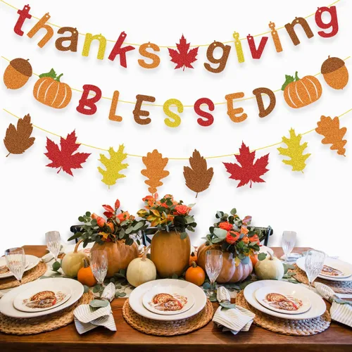 Miniatura 5 de Decoraciones de Acción de Gracias: Cartel brillante de agradecimiento y bendición, guirnalda de hojas de otoño para decoración de Acción de Gracias