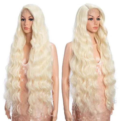 Miniatura 3 de Style Icon Pelucas de encaje frontal de 36 pulgadas, peluca ondulada súper larga, color blanco dorado con abuelitos, densidad del 130 %, peluca 613