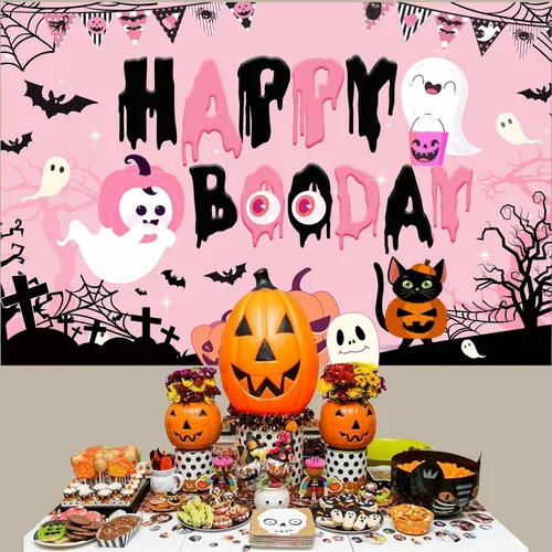 Miniatura 3 de Decoraciones de fiesta de feliz boo, decoraciones de fiesta de cumpleaños de Halloween rosa y negro, pancarta de fondo de feliz día de abucheo