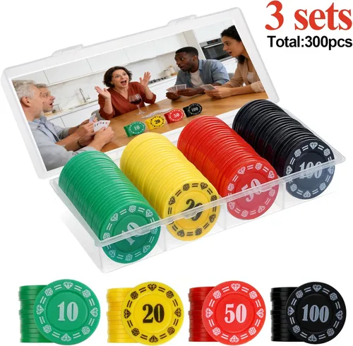 Miniatura 2 de Juego de fichas de póquer de plástico con caja de almacenamiento, denominación impresa estilo casino chip para noches de juego en casa de Texas, 300